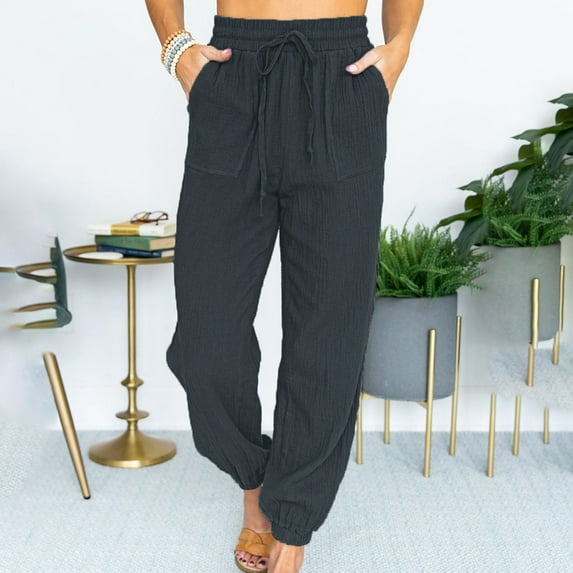 Hauaitttt Women Solid Casual Pants High Waisted Lace up Nine Part Ankle Pants Summer Work Pants for Women Workout Sweatpants Women plus Size Stretch Pants for Women Work Casual Petite on Dress Pants