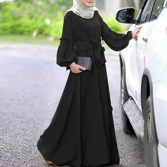 Hauaitttt Women Solid Color Long Sleeve Ruffle Dress Long Sleeve Prayer Clothes Chiffon Scarf Hijab Nigerian Dresses for Women Elegant Pregnancy Dress for Women Long Sleeve Maxi Dresses for Girls