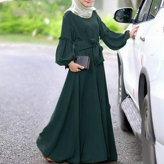 Hauaitttt Women Solid Color Long Sleeve Ruffle Dress Long Sleeve Prayer Clothes Chiffon Scarf Hijab Nigerian Dresses for Women Elegant Pregnancy Dress for Women Long Sleeve Maxi Dresses for Girls
