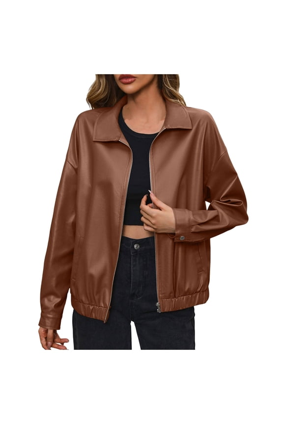 Women Solid Zipper Turn Down Neck Suit Jacket PU Leather Jacket Coat Long Vest for Women plus Petite Wool Coat Women Wool Trench Coat Long Topcoat Caplet Coat Big Coats for Women