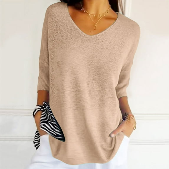 Hauaitttt Women Spring Casual 3/4 Sleeve Solid Color V Neck Loose Pullover Knit Fall Sweaters Tops Summer Short Sleeve Tees Women Log Sleeve T Shirts for Women Fashion Womens T Shirt Workout Clothes