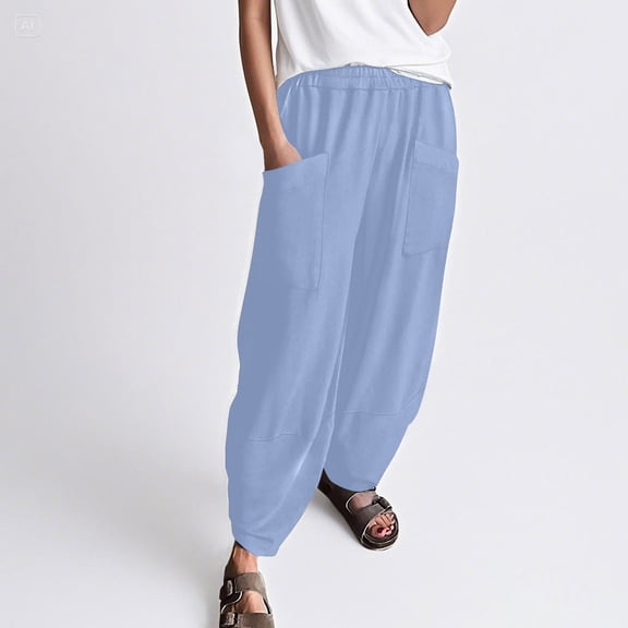 Hauaitttt Women Summer New Solid Color Elastic Waist Loose Casual Pocket Pants Ladies Sweat Pants All Day Wear High Waist Pants for Women Work Casual Comfortable Pants for Women Casual Wide Loose