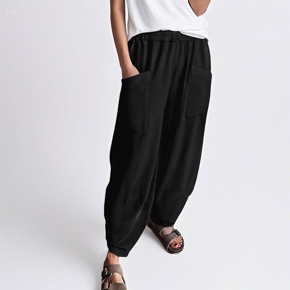 Hauaitttt Women Summer New Solid Color Elastic Waist Loose Casual Pocket Pants Ladies Sweat Pants All Day Wear High Waist Pants for Women Work Casual Comfortable Pants for Women Casual Wide Loose