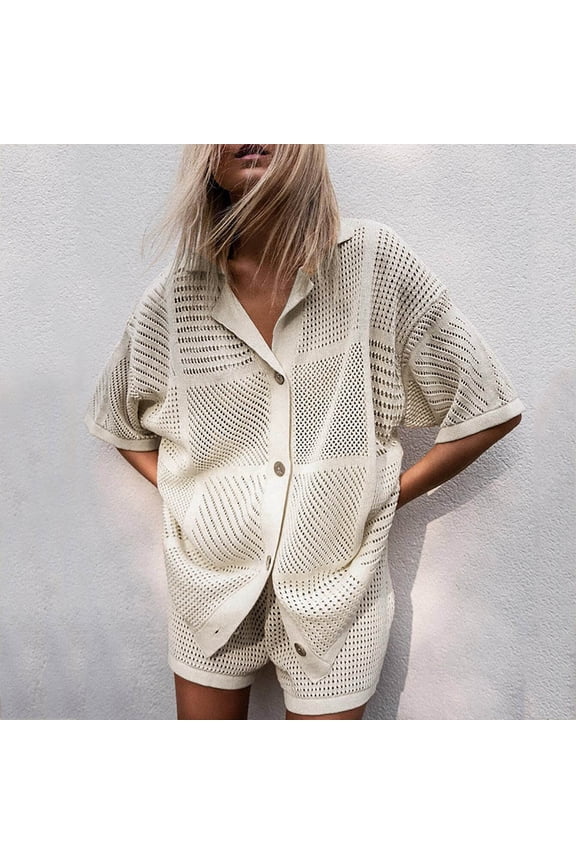 Women Summer Solid Color Long Sleeve Shorts Conditioning Fashion Casual Home Service Two Piece Set Compression Shorts for Swimming Bikini with Cover up Synchronized Swimming Swimsuit Women