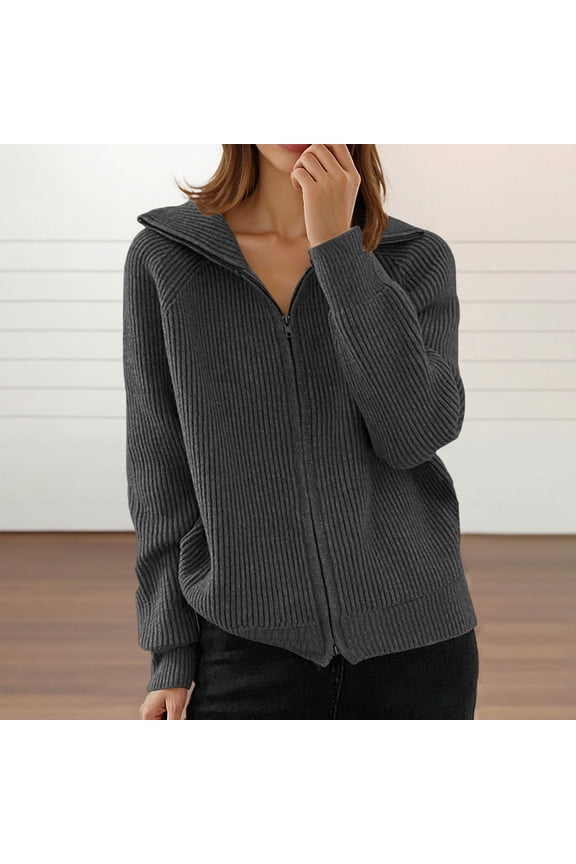 Women Sweater Coat Casual Long Sleeve Knit Cardigan with Ribbed Texture Zip up Open Front Loose Fit Fall Winter Fashion Outerwear Cardigan Sweater Cardigan for Women Thick Ladies Cardigan