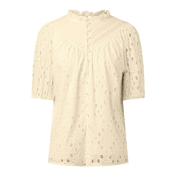Hauaitttt Women Tops Dressy Casual Short Sleeve V Neck Buttons Hollow Out Lace Embroidered Blouses Shirts Casual Women Compression Shirts for Women Long Sleeve Long Sleeve The Shirt Blank Women T