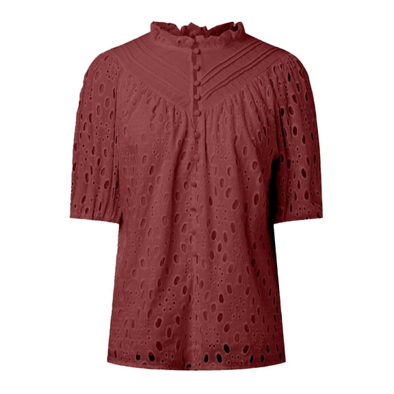 Hauaitttt Women Tops Dressy Casual Short Sleeve V Neck Buttons Hollow Out Lace Embroidered Blouses Shirts Womens Athletic Tops Short Sleeve Short Sleeve Tops for Women Summer Dry Tech Shirts Women