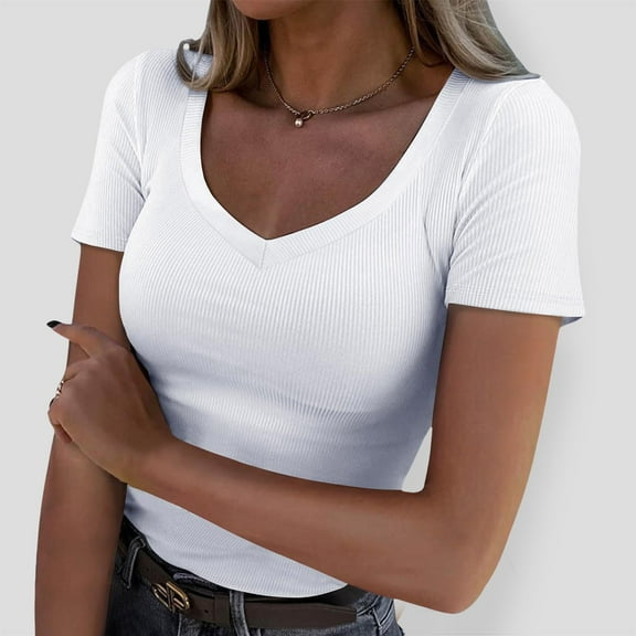Hauaitttt Women V Neck Ribbed Fitted Tight Tshirt Short Sleeve Shirt Basic Knit Top G Sleeve Shirts for Women Women Medium Shirts New Day Womens Shirt Women T Shirt Long Sleeve Long Tee Shirt Women