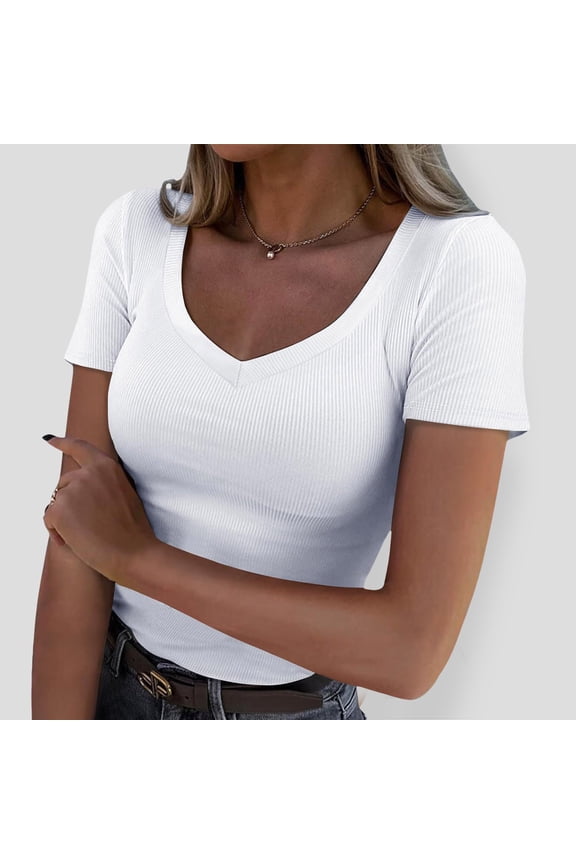 Women V Neck Ribbed Fitted Tight Tshirt Short Sleeve Shirt Basic Knit Top G Sleeve Shirts for Women Women Medium Shirts New Day Womens Shirt Women T Shirt Long Sleeve Long Tee Shirt Women