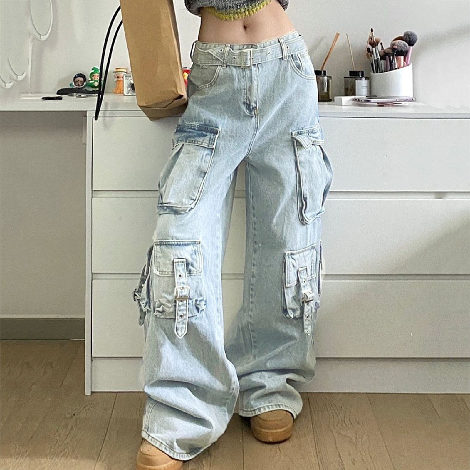 Fashion trendsetter autumn mid waist buckle multi pocket workwear version floor mopping loose denim women's casual pants