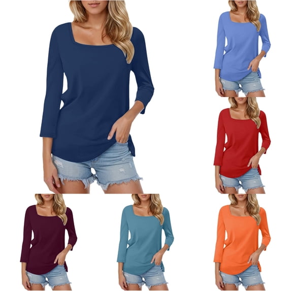 Hauaitttt Women's 3/4 Sleeve Shirts Square Neck Color Block Summer Tops Dressy Casual Ladies Blouses Tops Womens Compression Shirt T Shirts Womens Loose Casual Tee Women Short Sleeve Sports Shirts
