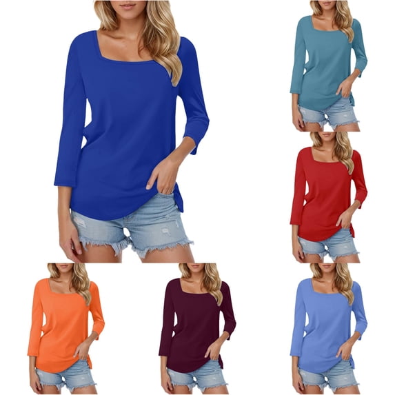 Hauaitttt Women's 3/4 Sleeve Shirts Square Neck Color Block Summer Tops Dressy Casual Ladies Blouses Tops Womens Compression Shirt T Shirts Womens Loose Casual Tee Women Short Sleeve Sports Shirts
