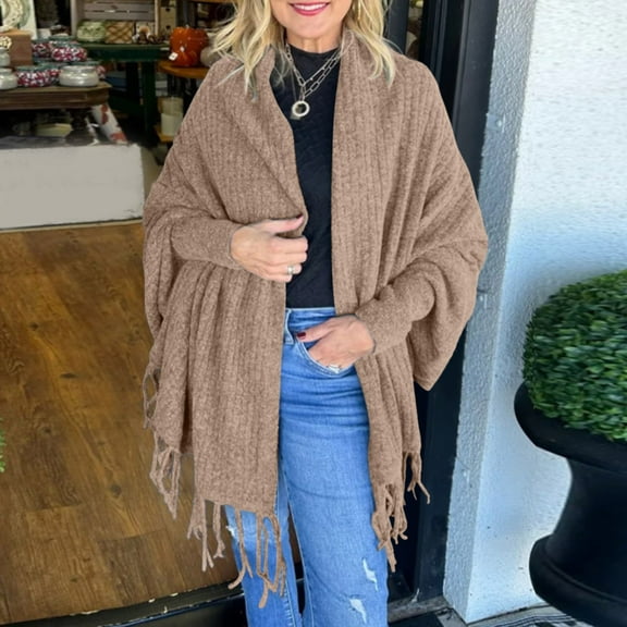 Hauaitttt Women's Autumn and Winter Fashion Solid Color Knitted Fringed Cape Cardigan Coat Cardigan Leopard Print Sweaters for Women Long Size Womens Sweaters Fall Cardigan Ladies Cardigan Sweaters