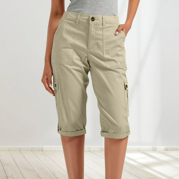 Hauaitttt Women's Casual Cargo Shorts High Waisted Workout Pants with Multiple Pockets Comfortable Stretchy Summer Travel Outdoor Active Wear Cropped Pants for Women Casual Petite Flare Dress Pants
