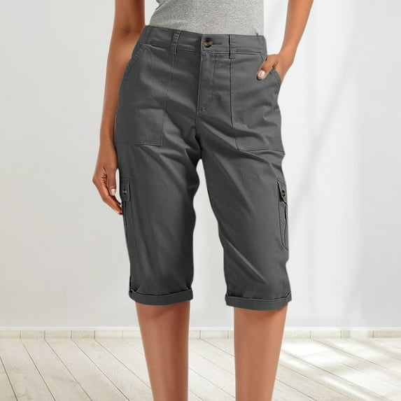 Hauaitttt Women's Casual Cargo Shorts High Waisted Workout Pants with Multiple Pockets Comfortable Stretchy Summer Travel Outdoor Active Wear Womens Linen Beach Pants Elastic Waist Pants for Women