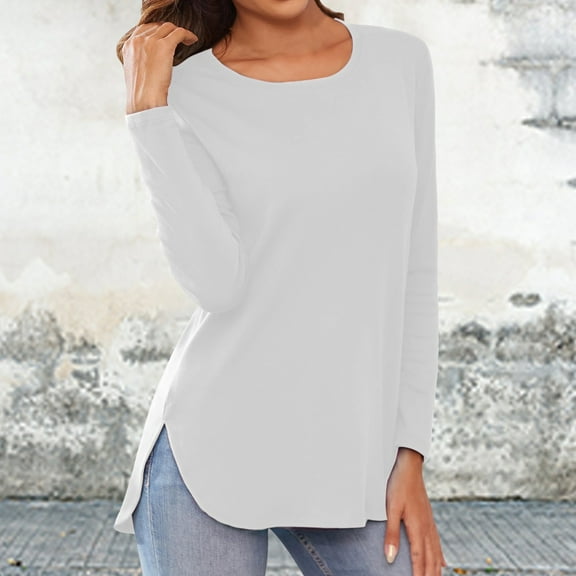 Hauaitttt Women's Casual Long Sleeve T Shirt Crewneck with Side Split Fall Pullover Loose Tunic Tops Long Sleeve Womens Tee Shirts Loose Fit Women Long Sleeve Tee Shirt Work Shirts Women Summer Tee