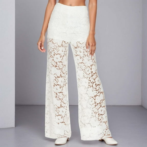 Hauaitttt Women's Casual Pants High Waisted Lace Hollow Out Straight Leg Pants for Party Nightclub and Daily Wear Comfortable Stretchy Elastic Waistband Loose Fit Long Pants Cute Sweatpants Women