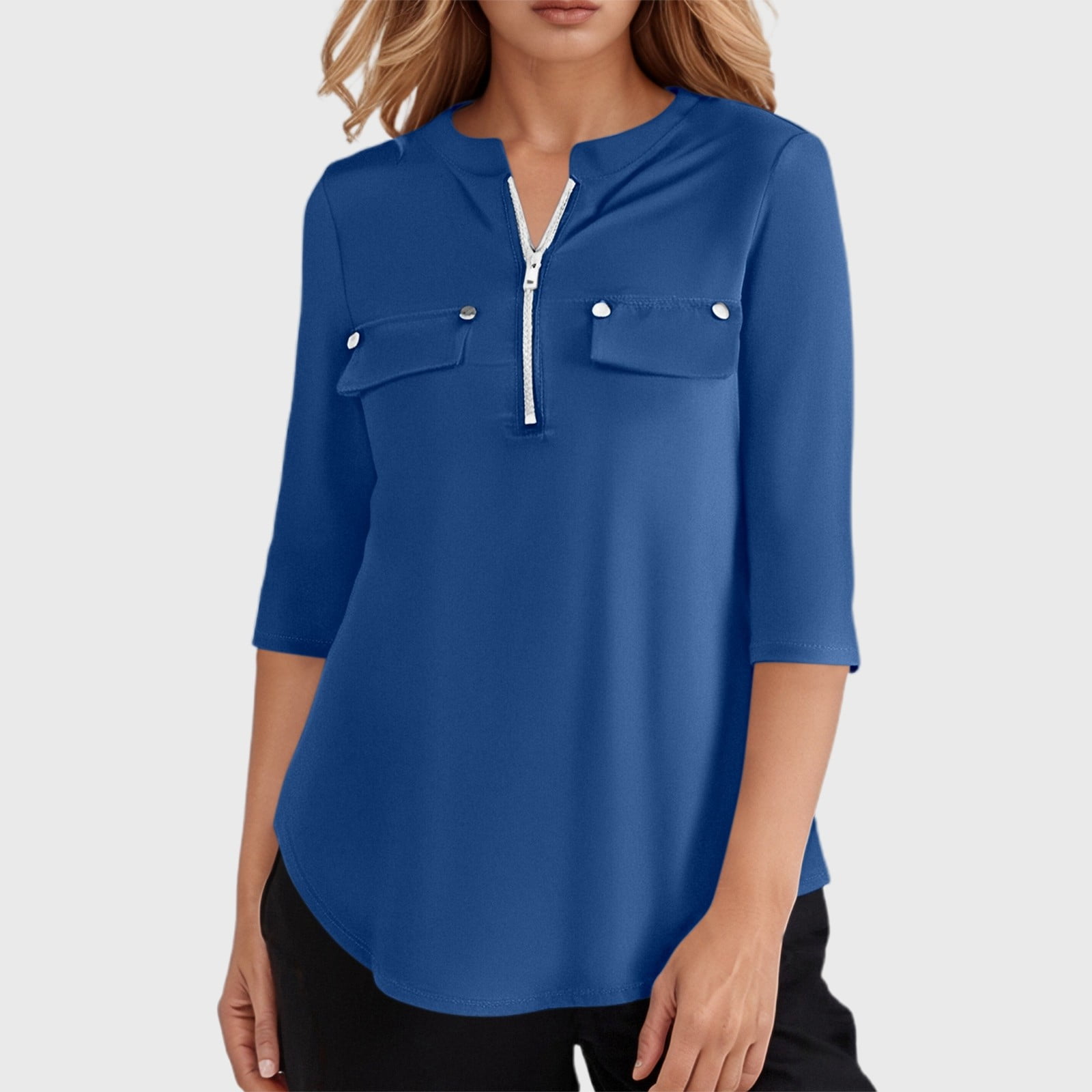 Michael Kors Women's Zippered 3/4 Sleeve Collared Top Blue Size X-Lage