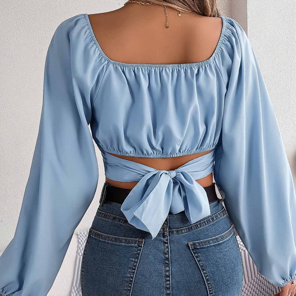 Hauaitttt Women's Casual Sleeve Tie Waist Chiffon Shirt with Navel Top Womens Short Sleeve Loose Casual Tee Long Sleeves Dark Tee Shirt Lightweight Shirt for Women Turtle Neck Ladies Stretch Shirts