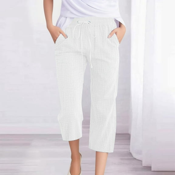 Hauaitttt Women's Casual Solid Color Plain Weave Breathable 7/8 Pants Womens Casual Pants Elastic Waist with Pockets Women's Closed Bottom Sweatpants with Pockets High Waist Workout Pants Casual