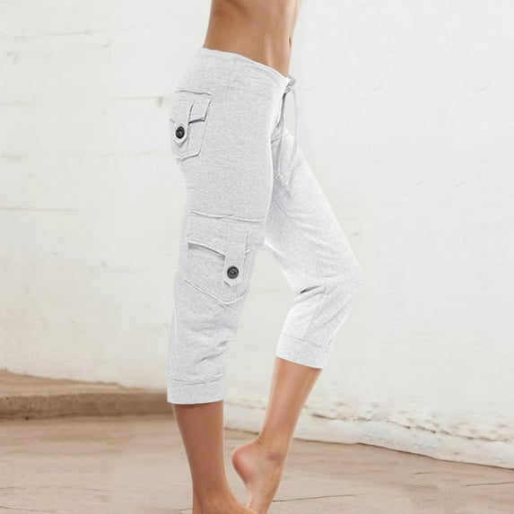 Hauaitttt Women's Comfortable Stretch Waist Button Double Pocket Yoga Cargo Capri Pants Summer Pants for Women Casual Wide Leg Pants for Women Work Casual plus Size plus Size Women Casual Pants Women