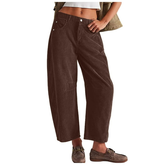 Hauaitttt Women's Corduroy Pants Barrel Mid Rise Elastic Waist Cord Pants Casual Wide Leg Baggy Trouser with Pockets Casual Pants for Women plus Size with Pockets Business Casual Pants for Women Size
