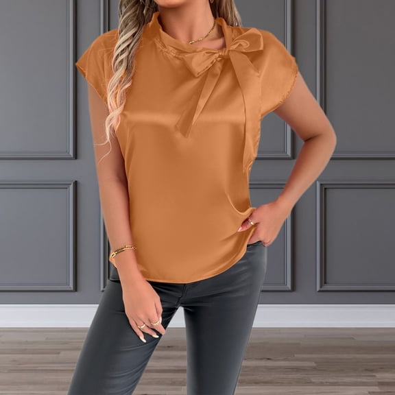 Hauaitttt Women's Elegant Bow Neck Satin T Shirt Casual Vacation Blouse Summer Spring Top Tee with Ribbon Collar Dark Shirt New Day Shirt Short Sleeve Shirts for Women Women Summer Top Tops Women
