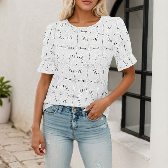 Hauaitttt Women's Eyelet Tops Puff Short Sleeve Blouses Dressy Casual Cute Hollow Out Crochet Lace Embroidered Summer Shirts Our Womens Long Sleeve Long Sleeve Tops for Women Athletic Long Sleeve