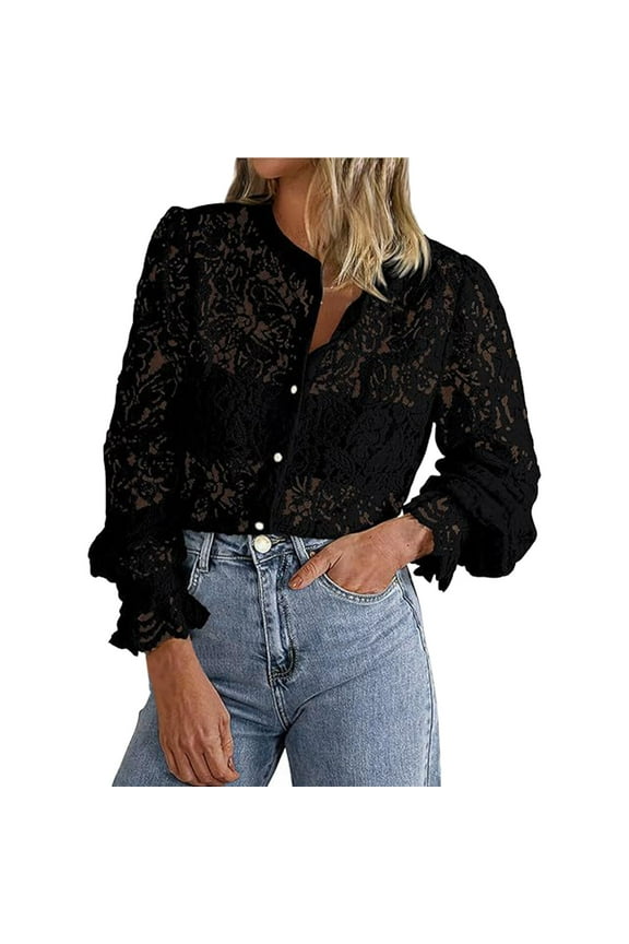 Women's Fashion Casual Lace Long Sleeve Button up Shirt for Autumn Outfit Cute Summer Tops Lightweight Workout Shirts Women Athletic Short Sleeve Tops for Women Juniors Active Shirts T