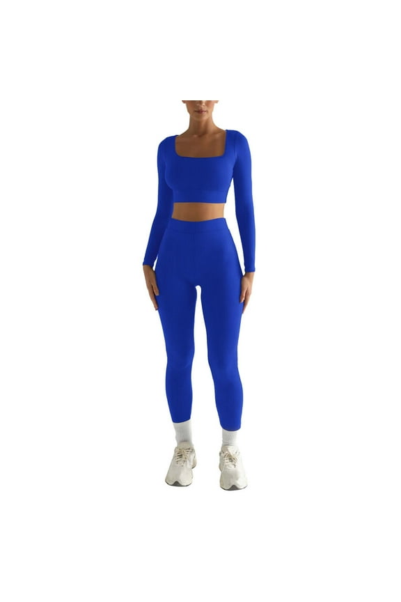 Women's Fashion Casual Solid Color Long Sleeve Square Collar Two Piece Slim Yoga Sports Pants Suit Workout Jumpsuits for Women Womens Yoga Leggings Set Yoga Work Pants plus Size Yoga Mat