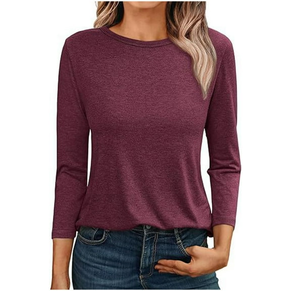 Hauaitttt Women's Fashion Casual Solid Color Top 3/4 Long Sleeve Casual Loose Crew Neck T Shirt Shirt Top Tech Short Casual Women Medium T Shirts Women Athletic Short Sleeve Tops for Women Raglan