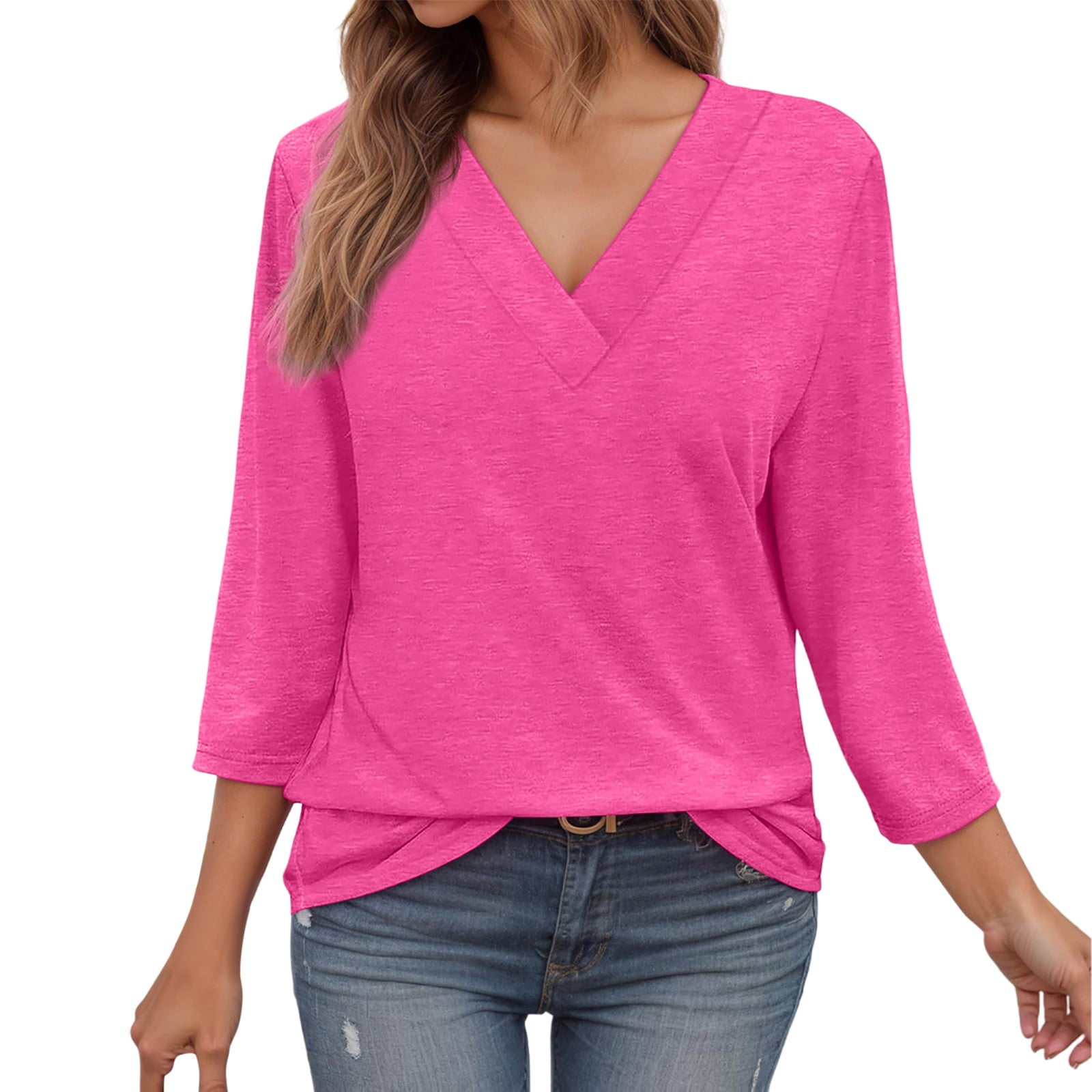 Simple solid color V-neck loose fit women's T-shirt