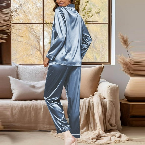 Hauaitttt Women's Fashionable Pajama Set Silk Pajamas 2 Piece Satin Pajama Set Long Sleeve Button Down Casual Suit with Pants Fair Isle Pajamas Plaid Pajama Set for Women Womens Flannel Pants Petite