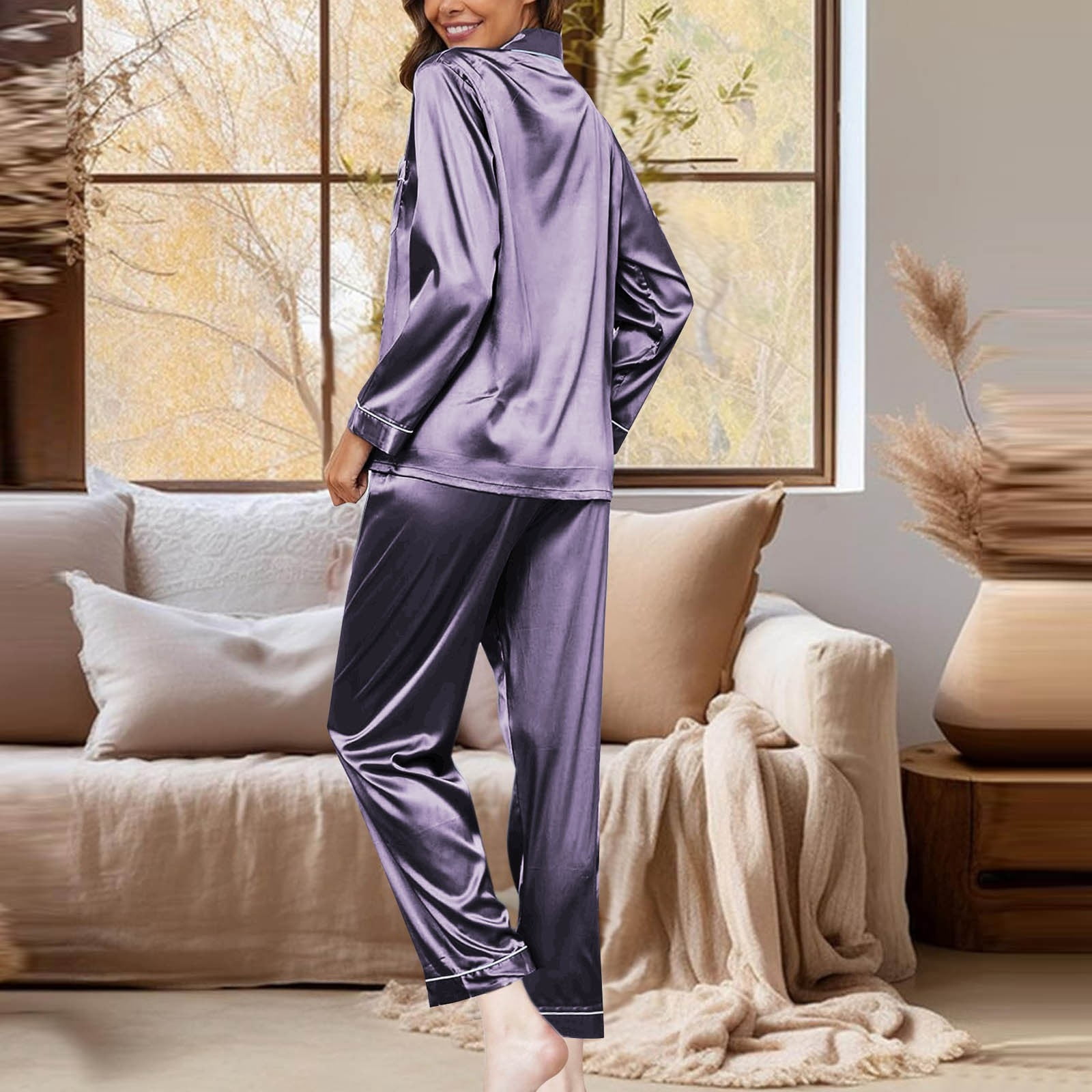 Anna-Kaci Women's 2-Piece Satin Pajama Set with Button-Down Long Sleeve Top and Relaxed Wide-Leg Pants
