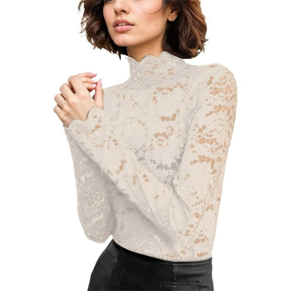 Hauaitttt Women's Floral Lace Top Long Sleeve See Through Mesh Underwear Blouse Shirt Women Shirts Long Sleeve Womens Athletic Clothes Extra Large Women Womens Tee Tops Long Sleeve Spandex Top