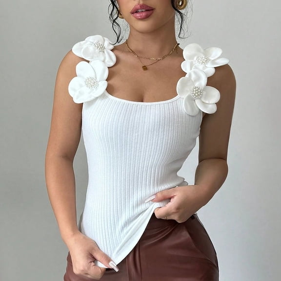 Hauaitttt Women's Floral Strap Camisole Top Summer Casual Sleeveless Blouse Comfortable Vacation Tank with Knit Petal Shoulder Design Compression Women 3 4 Sleeve Crop Top Animal Print Tops for Women