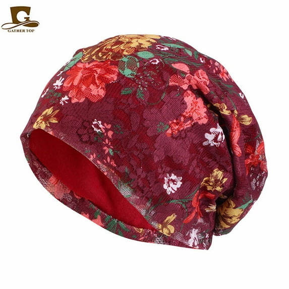 Hauaitttt Women's Foldable Mesh Handmade Floral Lace Print Chemotherapy Hair Loss Caps Slouchy Hat Winter Ear Hats for Women D Y Trapper Hat Cold Weather Hat Winter Hat Men Large Hat with Ear Warmer