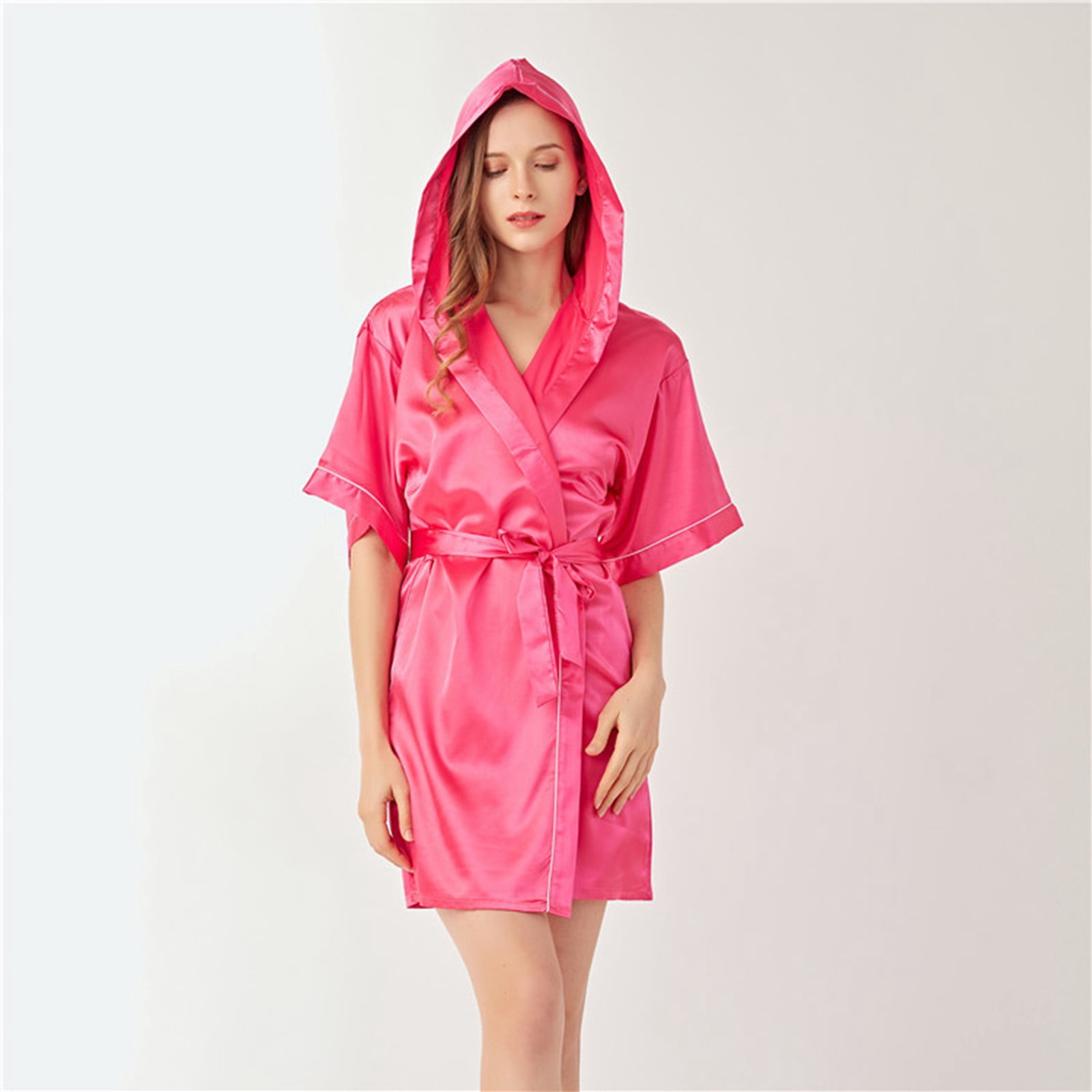 Female Short Robe Hauaitttt Women's Hooded Silk Robes Satin Kimono Robe Short Bathrobe ...