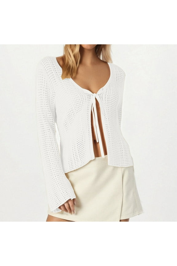 Women's Lace up Knitted Cardigan with Hollow Out Design for Sun Womens Heavy Cardigans Long Sleeve Cardigan Jacket for Women Extra Long Sweaters Womens Cropped Cardigan Women Open Sweater