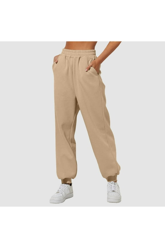 Women’s Lined Sweatpants Wide Straight Leg Pants Bottom Sweatpants Joggers Pants Workout High Waisted Yoga Pants with Pockets Tan Sweatpants Cute Sweatpants for Women Elastic Waist