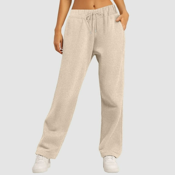 Hauaitttt Women ’s Lined Sweatpants Wide Straight Leg Pants Bottom Sweatpants Joggers Pants Workout High Waisted Yoga Pants with Pockets Tan Sweatpants Women Sweatpants Women Casual Pants for Women