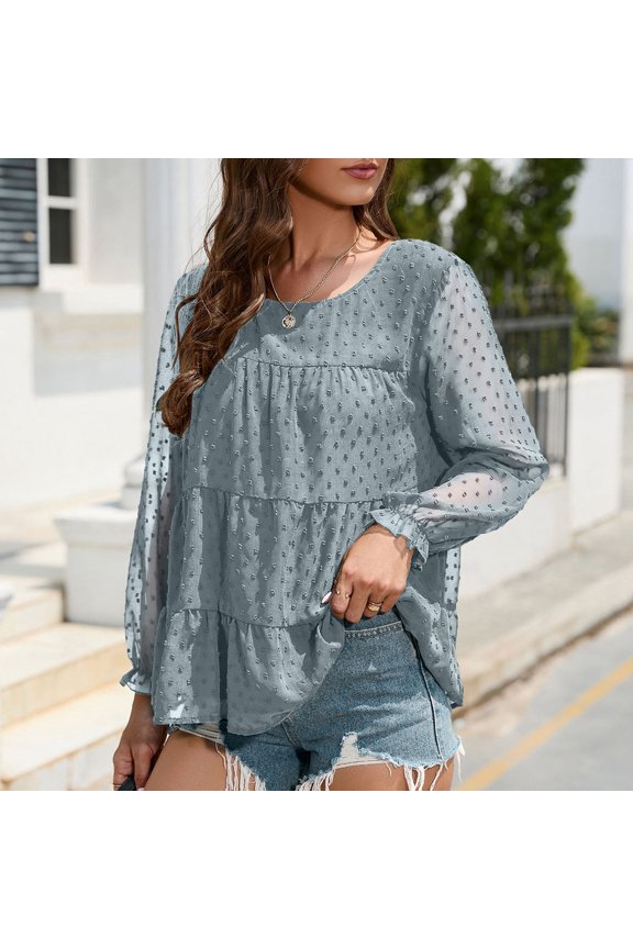 Women's Loose Chiffon Shirt Long Sleeve Round Neck Ruffled Top Workout Shirt Womens Womens Tops Tee Shirts Long Sleeve Women Running Womens Raglan Top Stripe Tee Tops Women Casual T Shirts