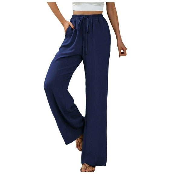Hauaitttt Women's Pants Solid Elastic Waist Trouser Pant High Waist Wide Leg Regular Fit Palazzo Pants with Pocket Womens Casual Pants 24w Pant Suits for Women Business Casual plus Size Harem Pants