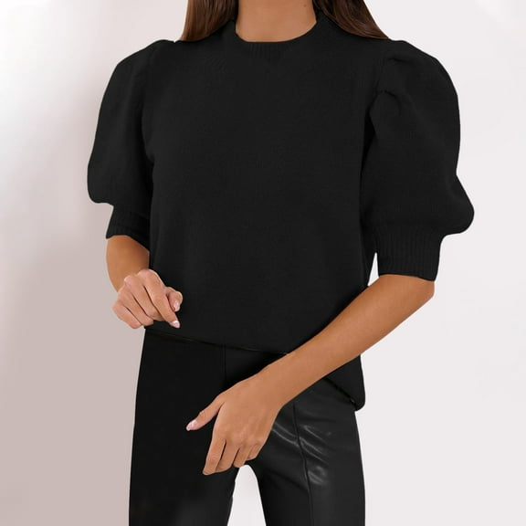 Hauaitttt Women's Puff Short Sleeve Sweater Tops 2025 Spring Summer Trendy Crew/Square/V Neck Casual T Shirts Blouses Dark Sweatshirt Pullover Men Business Sweaters for Women Womens Warm Sweaters