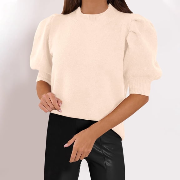 Hauaitttt Women's Puff Short Sleeve Sweater Tops 2025 Spring Summer Trendy Crew/Square/V Neck Casual T Shirts Blouses Dark Sweatshirt Pullover Men Business Sweaters for Women Womens Warm Sweaters
