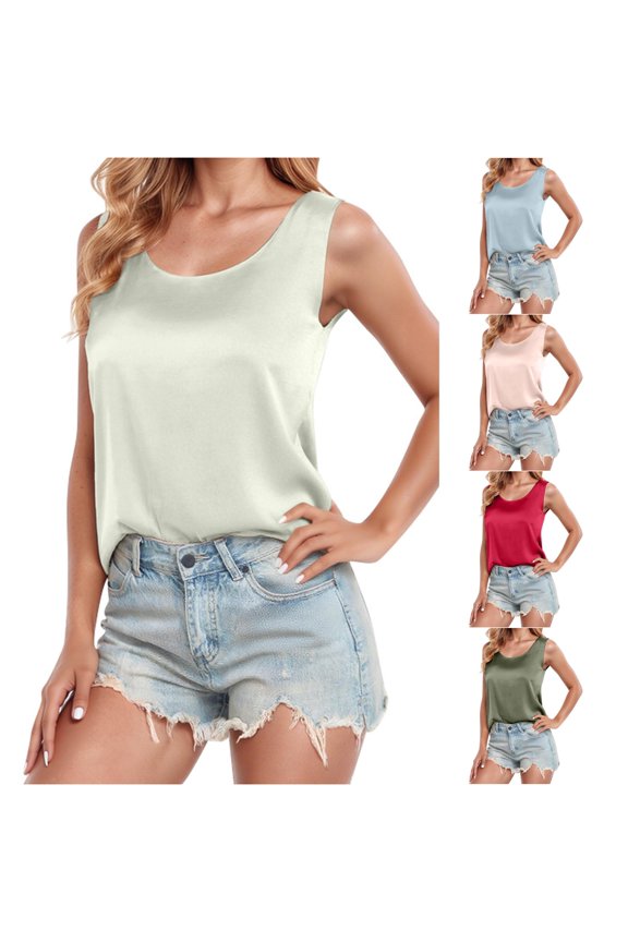 Women's Pure Color Silk Strap Tank Top with Round Neck Short Sleeve Polyester Shirts for Women Oversize Denim Shirt Womens Dress Shirts and Blouses for Work Super Tight Sleeve Button down