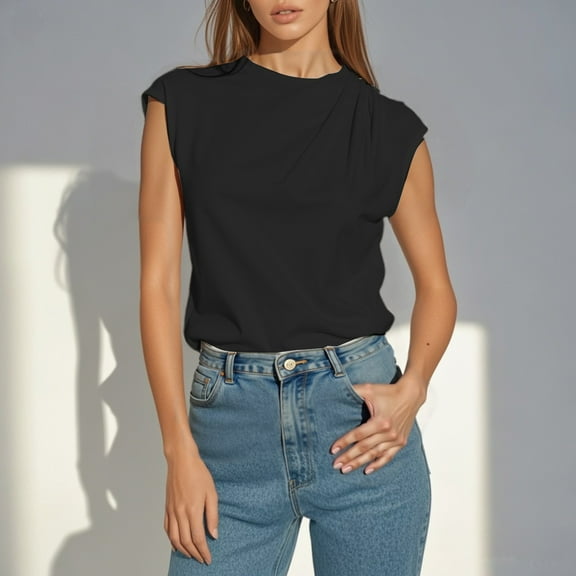 Hauaitttt Women's Satin Sleeveless Round Neck T Shirt Casual Comfortable Basic Top for Daily Vacation Wear Spring Summer Loose Casual Tee Women Beaded Turtleneck Polyester Long Sleeve T Shirt Women