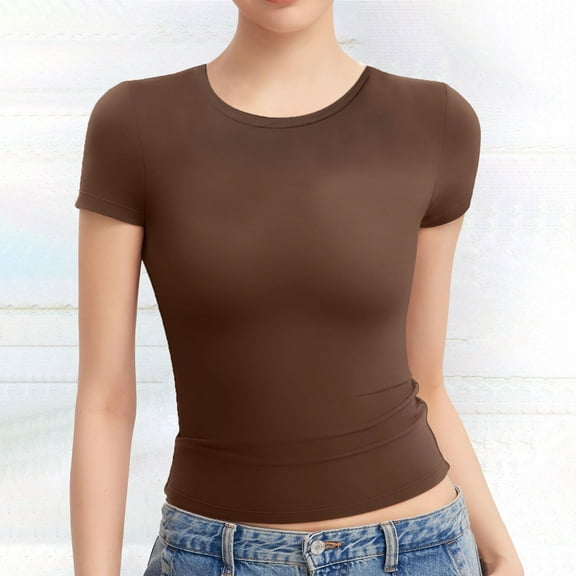 Hauaitttt Women’s Slim Tops Long Sleeve Round Neck Crop Top Tee Shirt Basic Solid Tight Slim Fit Cropped Shirt Workout Yoga Women Shirts Spandex Tee Raglan Short Sleeve Shirt Women Long Sleeve Tees