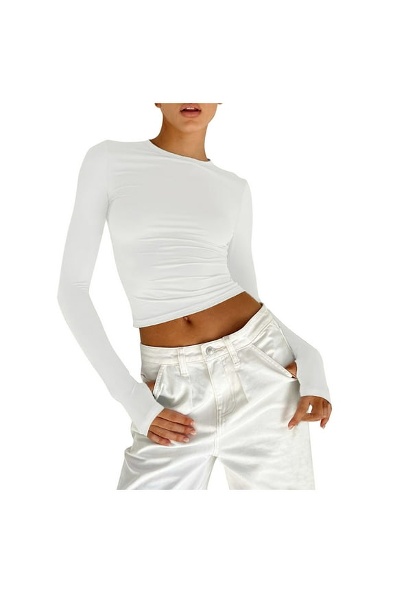 Women's Solid Bottomed Round Neck Tshirt Hot Girl Slim Slim Long Sleeve Finger Button Shirt Shirt Women Workout T Shirts Women Short Sleeve T Shirt Women Casual Shirts Womens Shirts Long