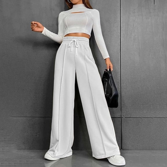 Hauaitttt Women's Solid Color Autumn and Winter Versatile Casual and Comfortable High Waisted Drawstring Wide Leg Casual Sweatpants Short Pants Women Casual Fall Work Clothes for Women Women Pants